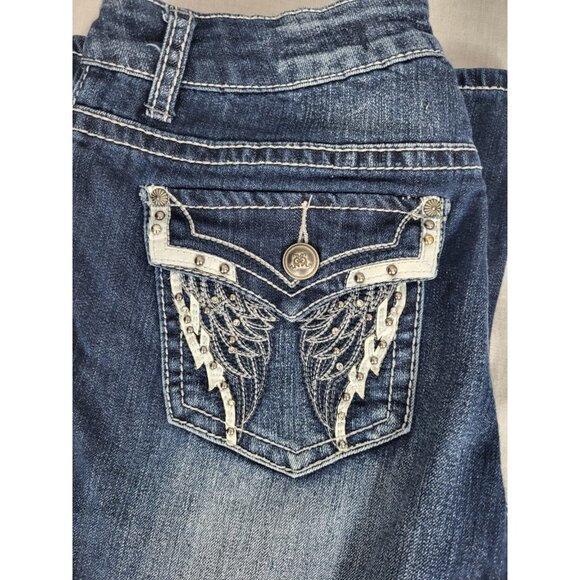 (2) Rockin Denim Jeans Womens (6) Bootcut Stretch Cowgirl Wing Embroidery Bling - Picture 3 of 15